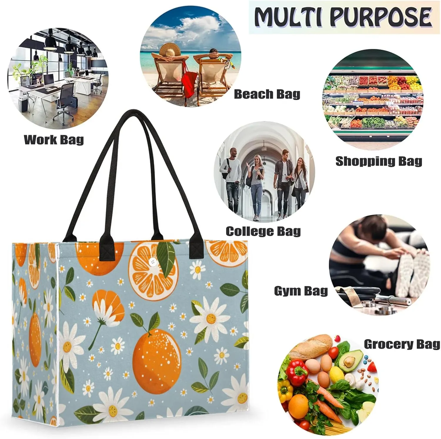 QsirBC Large Tote Bag for Women Men, Travel Beach Bag with Inner Zipper Pocket Snap Closure
