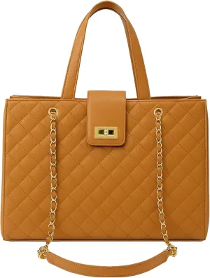 Quilted Laptop Bag for Women, 15.6 inch PU Leather Shoulder Purse Tote Business Office Messenger Casual Handbag