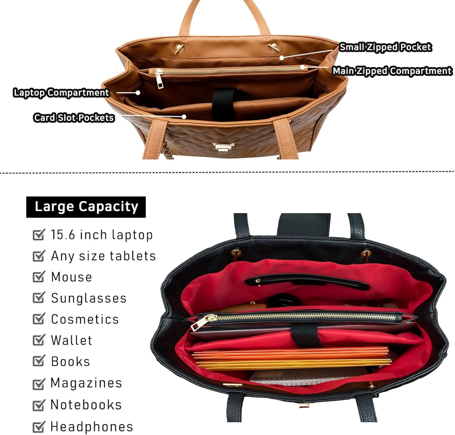 Quilted Laptop Bag for Women, 15.6 inch PU Leather Shoulder Purse Tote Business Office Messenger Casual Handbag