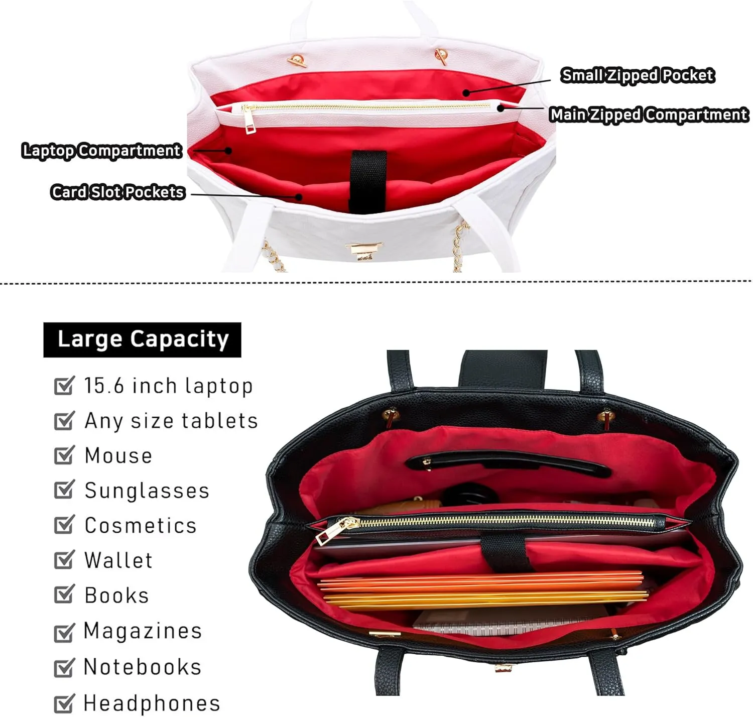 Quilted Laptop Bag for Women, 15.6 inch PU Leather Shoulder Purse Tote Business Office Messenger Casual Handbag