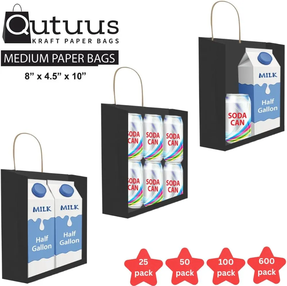Qutuus Black Paper Gift Bags with Handles 50 Pcs 8x4.5x10 inches Black Kraft Bags with Handles Bulk Shopping Bags Party Bags Kraft Paper Bags Retail Bags