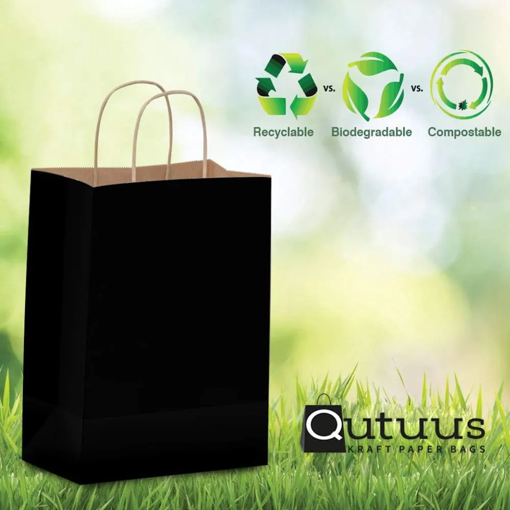 Qutuus Black Paper Gift Bags with Handles 50 Pcs 8x4.5x10 inches Black Kraft Bags with Handles Bulk Shopping Bags Party Bags Kraft Paper Bags Retail Bags
