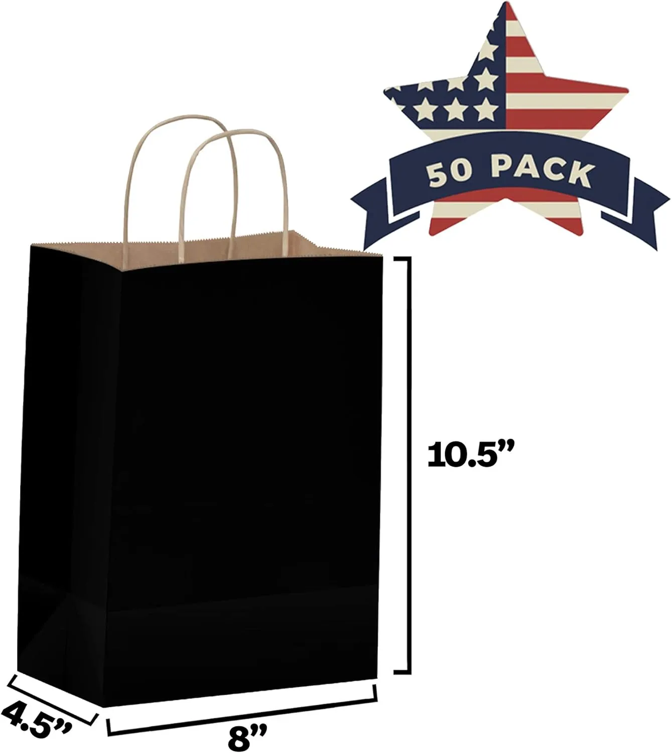 Qutuus Black Paper Gift Bags with Handles 50 Pcs 8x4.5x10 inches Black Kraft Bags with Handles Bulk Shopping Bags Party Bags Kraft Paper Bags Retail Bags