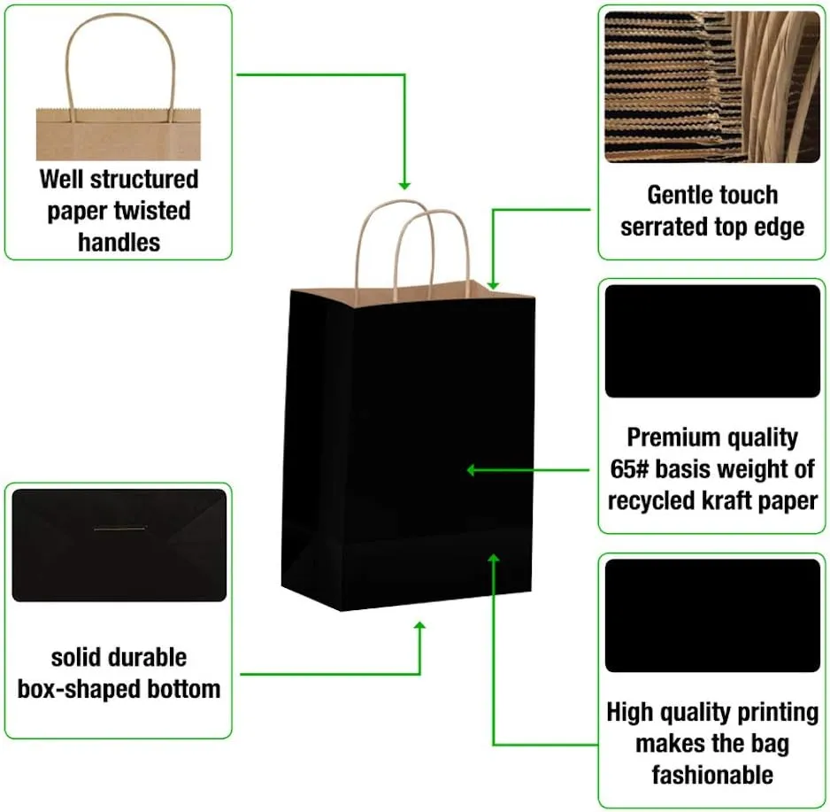 Qutuus Black Paper Gift Bags with Handles 50 Pcs 8x4.5x10 inches Black Kraft Bags with Handles Bulk Shopping Bags Party Bags Kraft Paper Bags Retail Bags