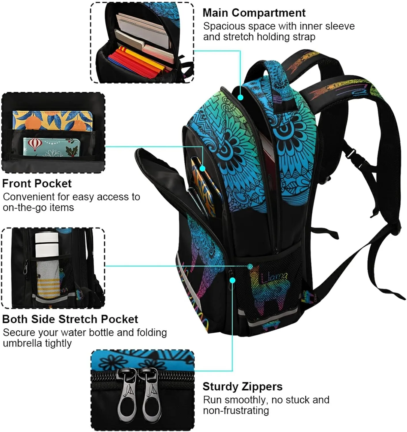 Rainbow Color Llama No Drama Boho Backpacks Travel Laptop Daypack School Book Bag for Men Women Teens Kids