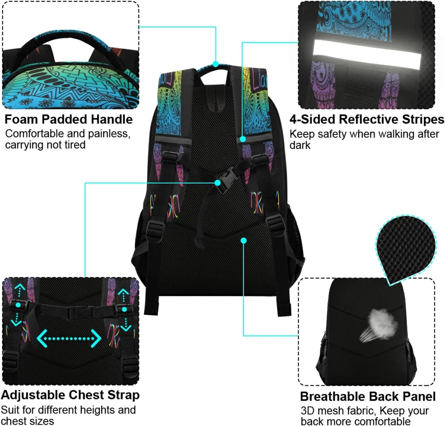 Rainbow Color Llama No Drama Boho Backpacks Travel Laptop Daypack School Book Bag for Men Women Teens Kids