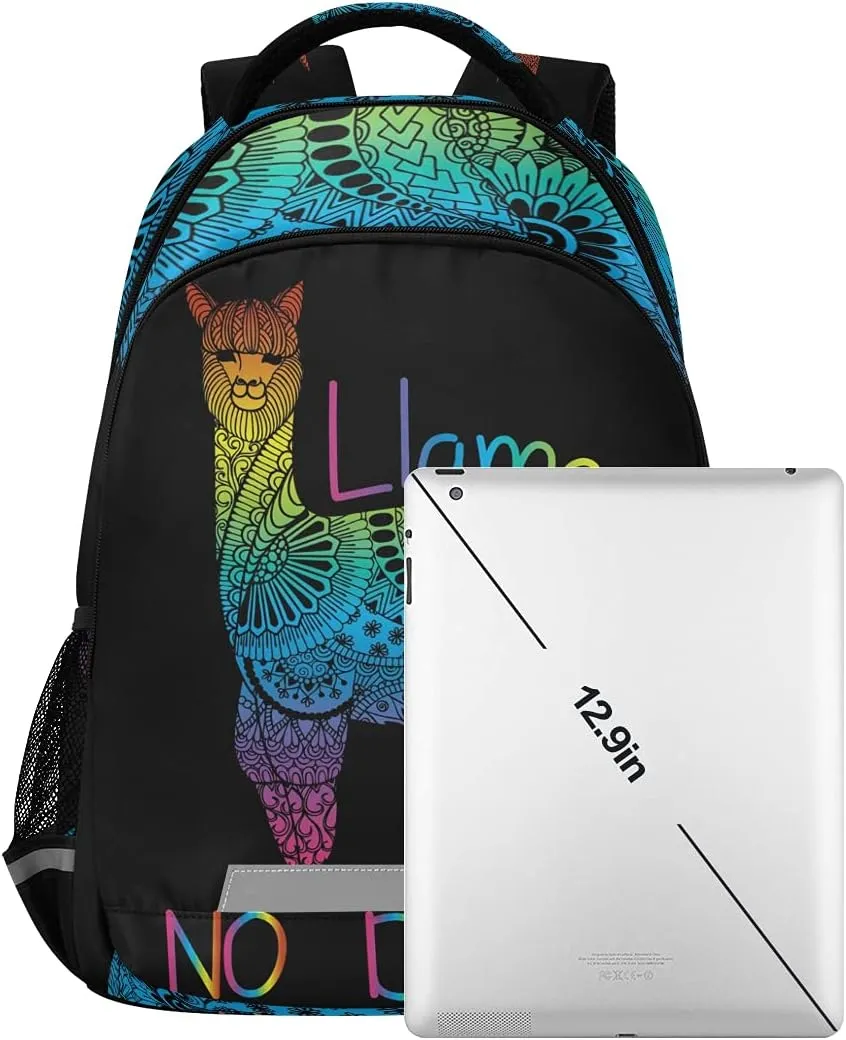 Rainbow Color Llama No Drama Boho Backpacks Travel Laptop Daypack School Book Bag for Men Women Teens Kids