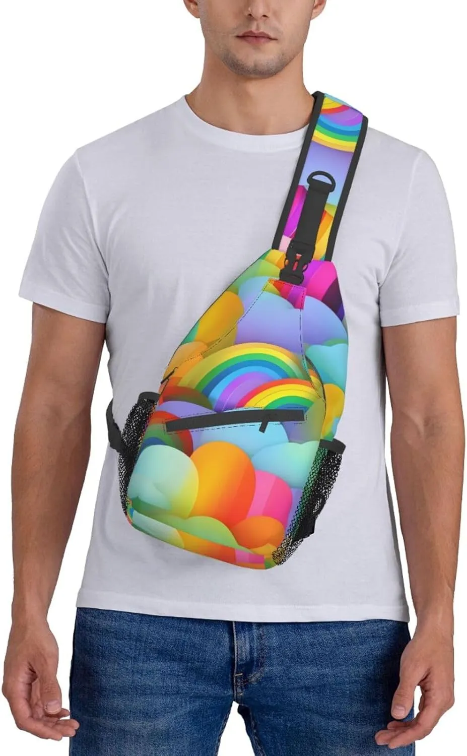 Rainbow Hearts Pattern Unisex Casual Diagonal Chest Bag,Multipurpose Crossbody Shoulder Bag Travel Hiking Daypack