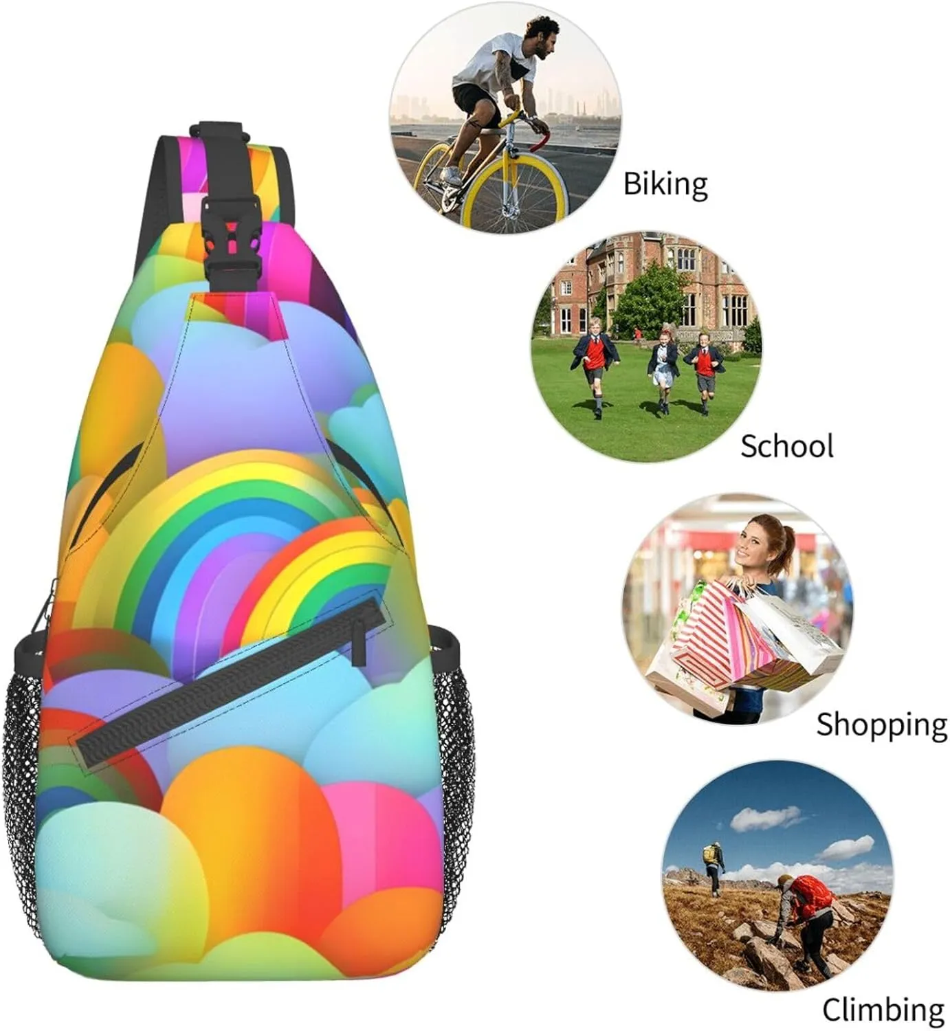 Rainbow Hearts Pattern Unisex Casual Diagonal Chest Bag,Multipurpose Crossbody Shoulder Bag Travel Hiking Daypack