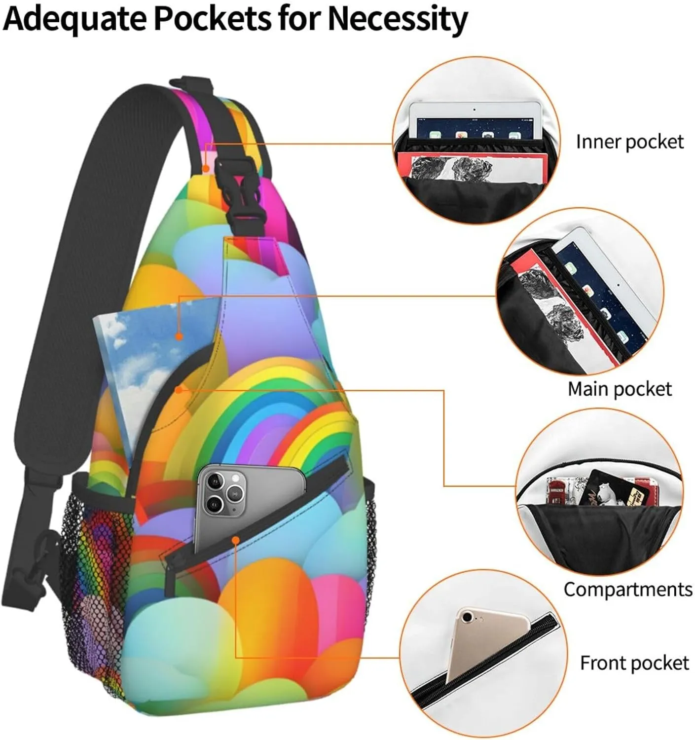 Rainbow Hearts Pattern Unisex Casual Diagonal Chest Bag,Multipurpose Crossbody Shoulder Bag Travel Hiking Daypack