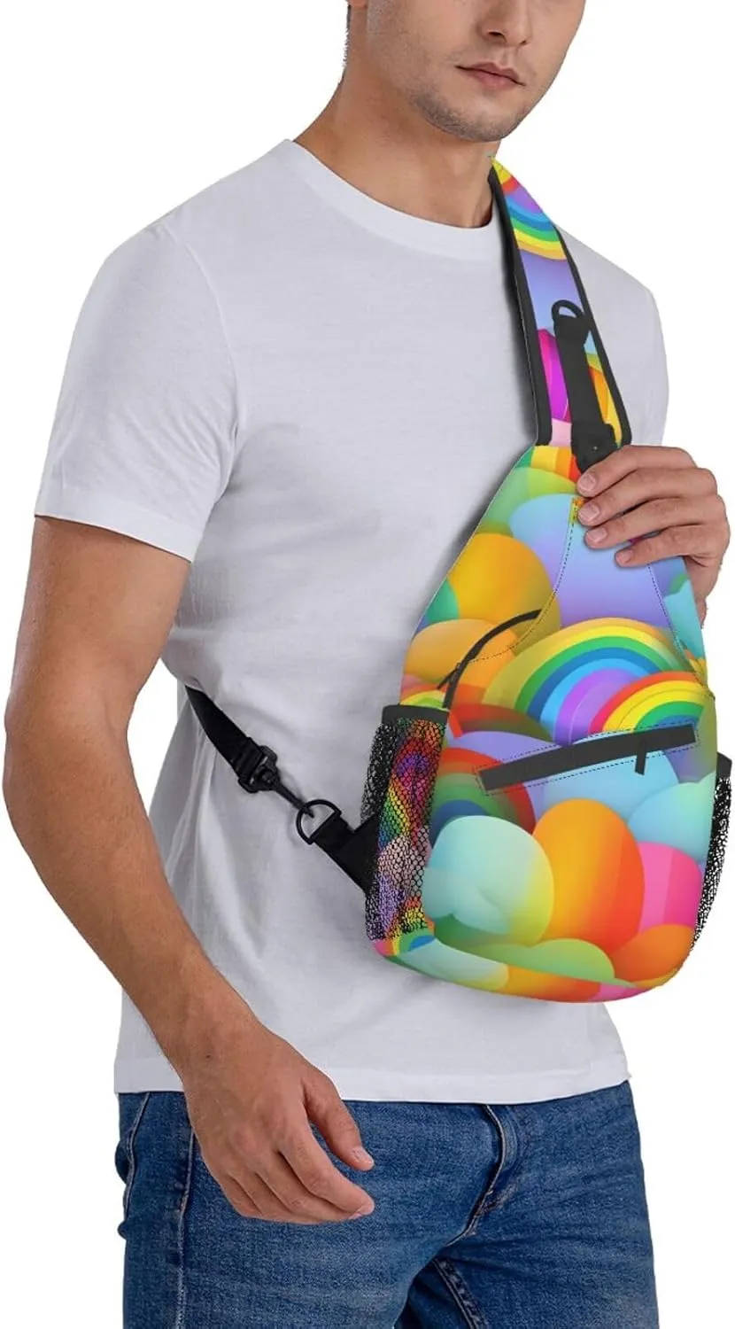 Rainbow Hearts Pattern Unisex Casual Diagonal Chest Bag,Multipurpose Crossbody Shoulder Bag Travel Hiking Daypack