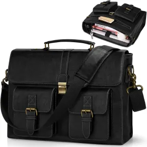RAINSMORE Mens Messenger Bag 15.6 Inch Leather Vintage Laptop Briefcase Waterproof Computer Laptop Bag Leather Satchel Bag Large Shoulder Bag for Office Work Travel College, Black