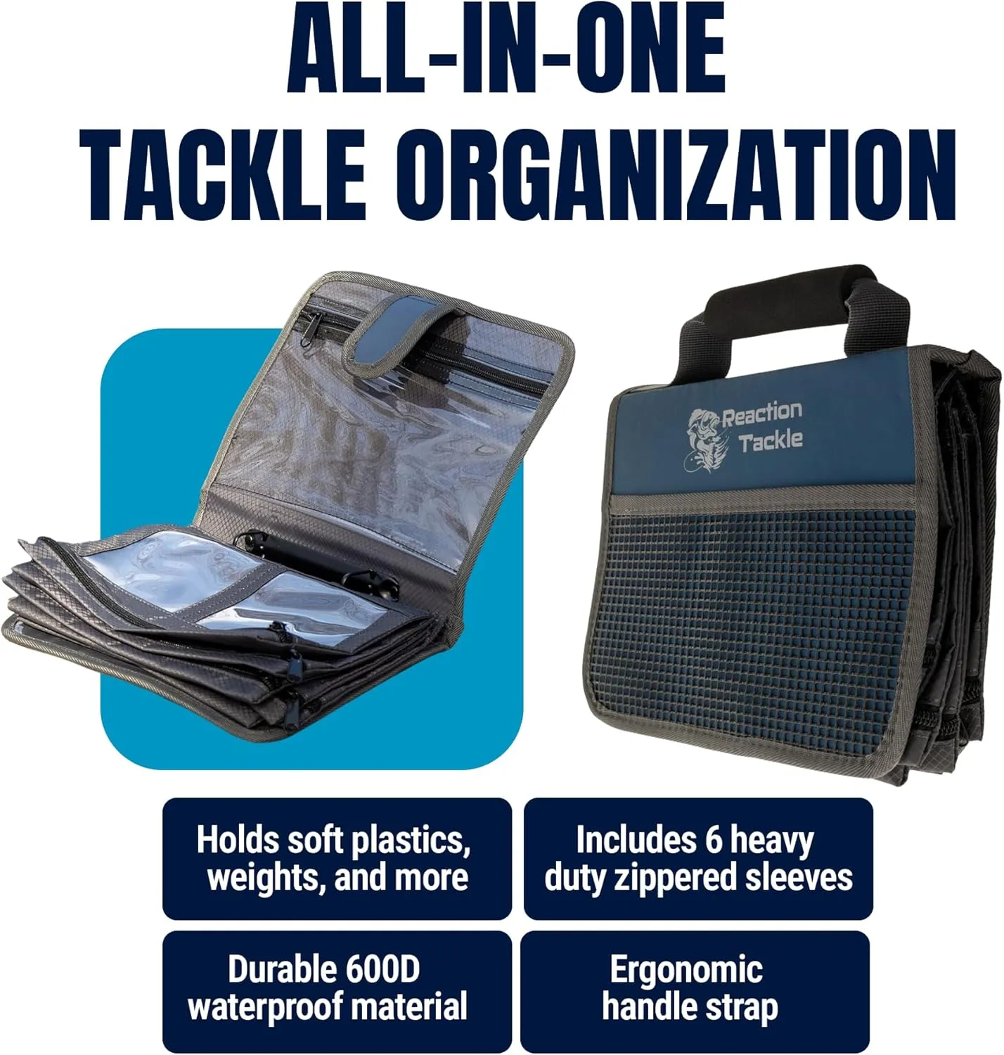 Reaction Tackle Deluxe Bait Binder – Water-Resistant Soft Plastic Bait Storage Bag, Saltwater & Freshwater Fishing Tackle Organizer, Lure Bag for Bass, Kayak, and Boat Fishing