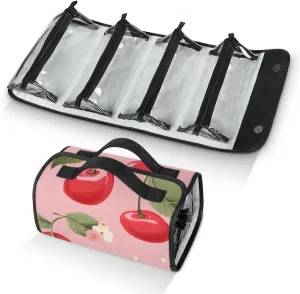 Red Cherry Toiletry Bag for Women, 4 in 1 Roll Up Makeup Cosmetic Bag With 4 Removable PVC Zipper Pouch