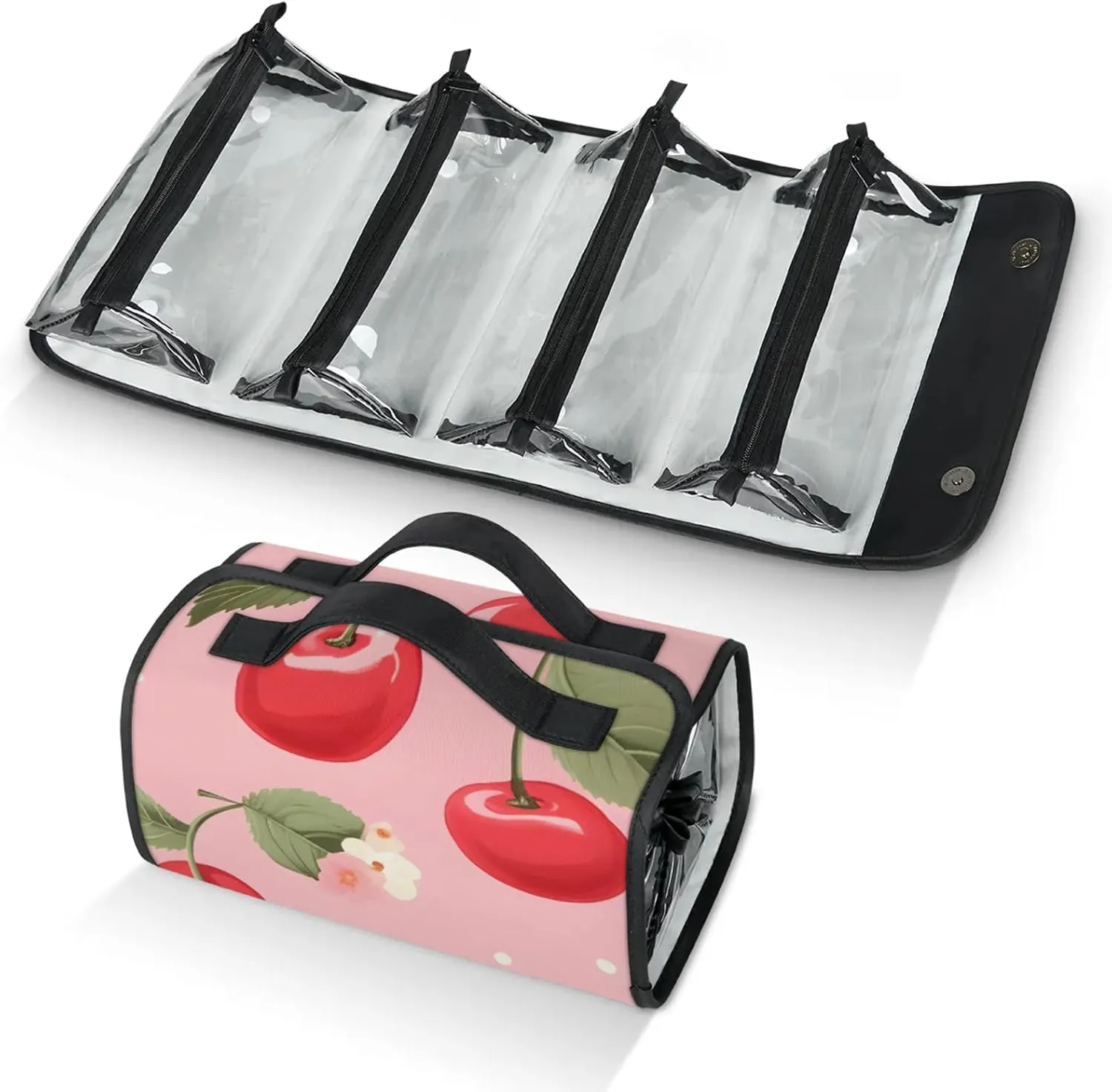 Red Cherry Toiletry Bag for Women, 4 in 1 Roll Up Makeup Cosmetic Bag With 4 Removable PVC Zipper Pouch