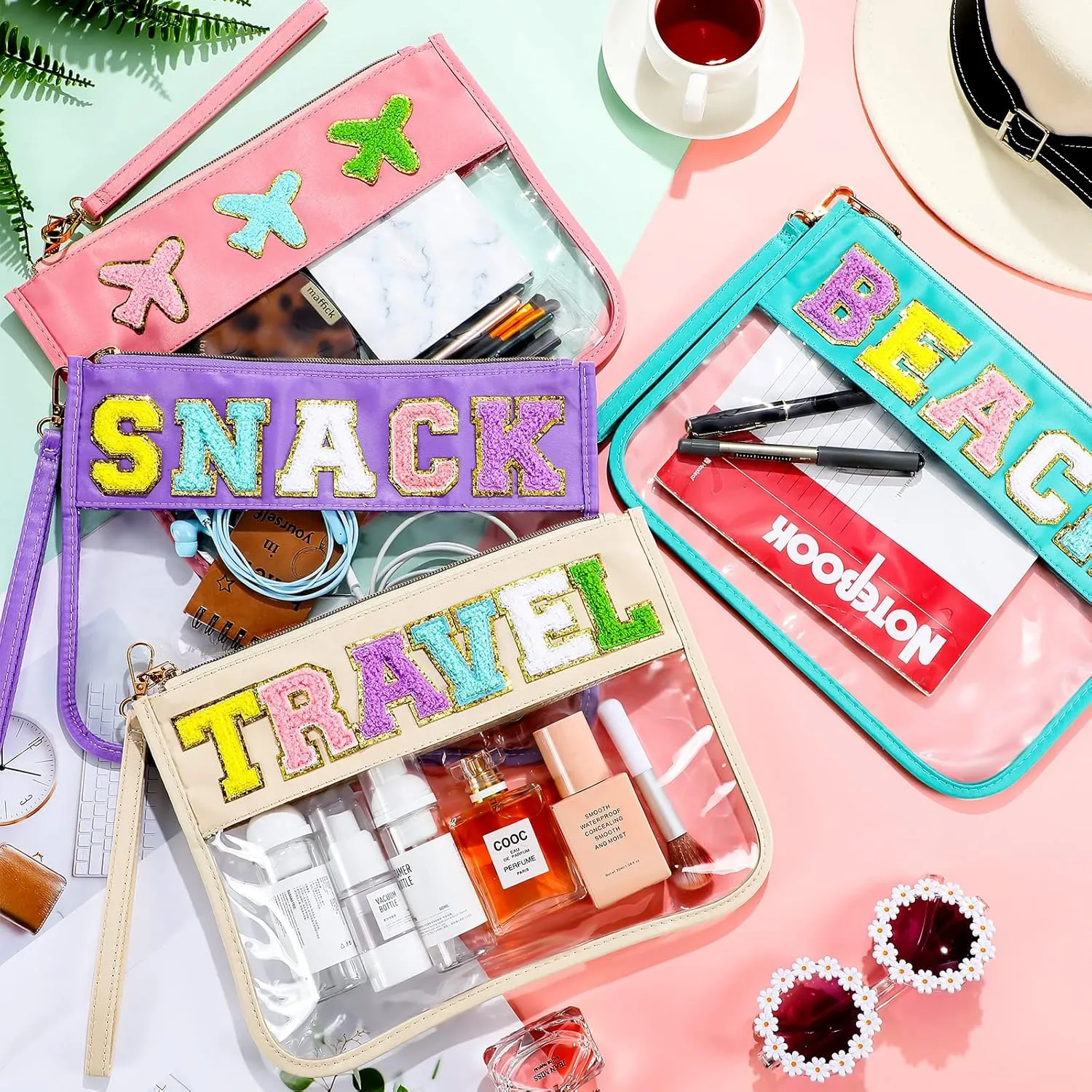Remerry 4 Pack Chenille Letter Bag Clear Monogram Cosmetic Makeup Bag Travel Snack Beach Stuff Patch Pouch Preppy Gifts for Women Girls