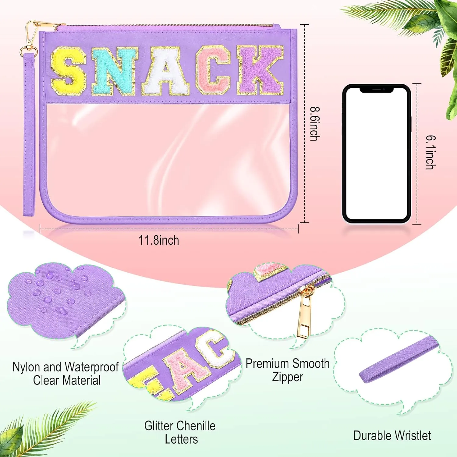 Remerry 4 Pack Chenille Letter Bag Clear Monogram Cosmetic Makeup Bag Travel Snack Beach Stuff Patch Pouch Preppy Gifts for Women Girls
