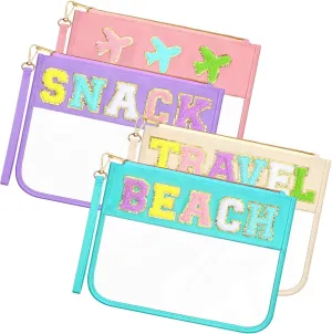 Remerry 4 Pack Chenille Letter Bag Clear Monogram Cosmetic Makeup Bag Travel Snack Beach Stuff Patch Pouch Preppy Gifts for Women Girls