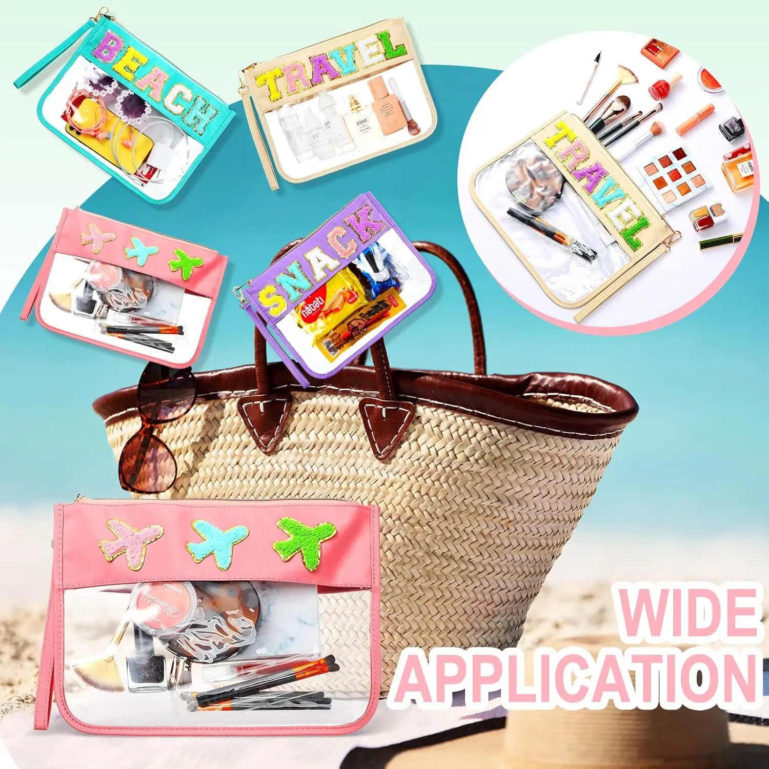 Remerry 4 Pack Chenille Letter Bag Clear Monogram Cosmetic Makeup Bag Travel Snack Beach Stuff Patch Pouch Preppy Gifts for Women Girls