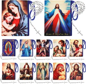 Remuuly 12 Pack Catholic Rosary Pouch With Coin Purse, 4.9'' x 3.5'' Wood Rosary Holder Bag With Zipper, Small Catholic Keepsake Gifts for First Communion Baptism