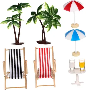 Resin Model Set Realistic Tropical Miniature Beach Decoration for DIY Dollhouse Beach Micro Landscape Mini Beach Decoration Palm Trees Beach Accessories Deckchairs Umbrella Plastic