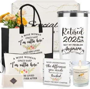 Retirement Gifts for Women 2025, Happy Retirement Gifts for Coworker Teacher Nurse Boss Friend Mom Grandma Retirees Funny Retired Gifts for Women with 20Oz Tumbler Canvas Tote Bag Candle Acrylic Decor
