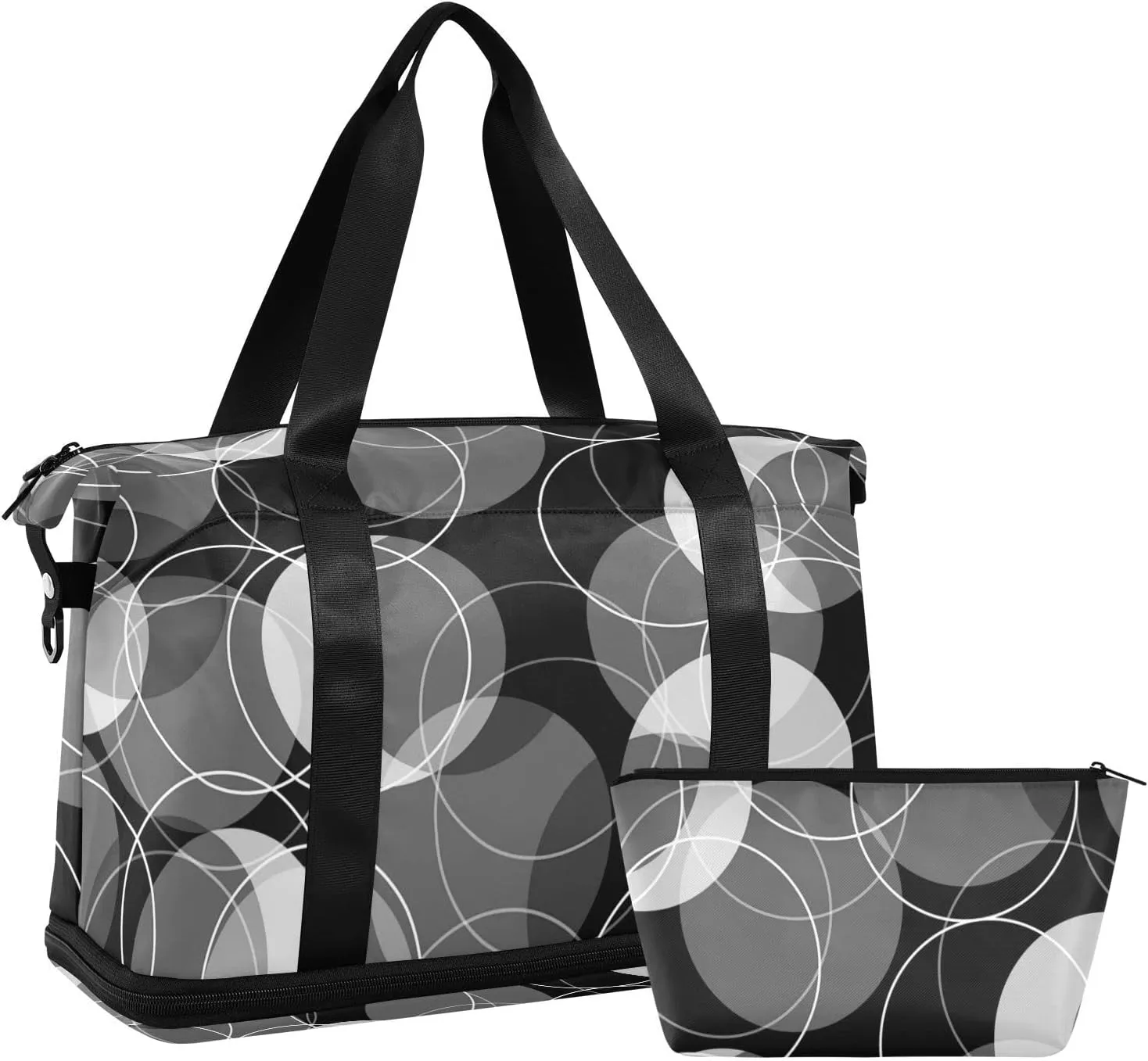 Retro Rings Black Grey White Circles Gym Duffel Bag, Polyester Travel Weekender Luggage Handbag with Waterproof Pocket for Wet Items, Unisex Foldable Tote for Sports