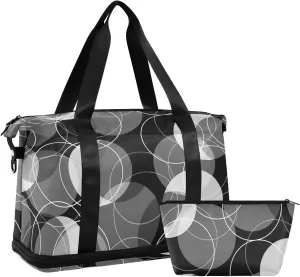 Retro Rings Black Grey White Circles Gym Duffel Bag, Polyester Travel Weekender Luggage Handbag with Waterproof Pocket for Wet Items, Unisex Foldable Tote for Sports