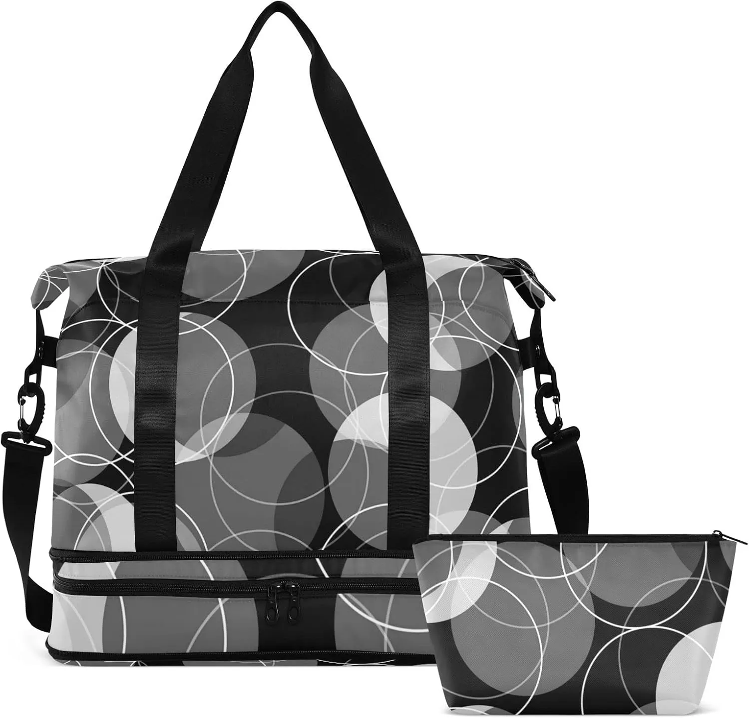 Retro Rings Black Grey White Circles Gym Duffel Bag, Polyester Travel Weekender Luggage Handbag with Waterproof Pocket for Wet Items, Unisex Foldable Tote for Sports