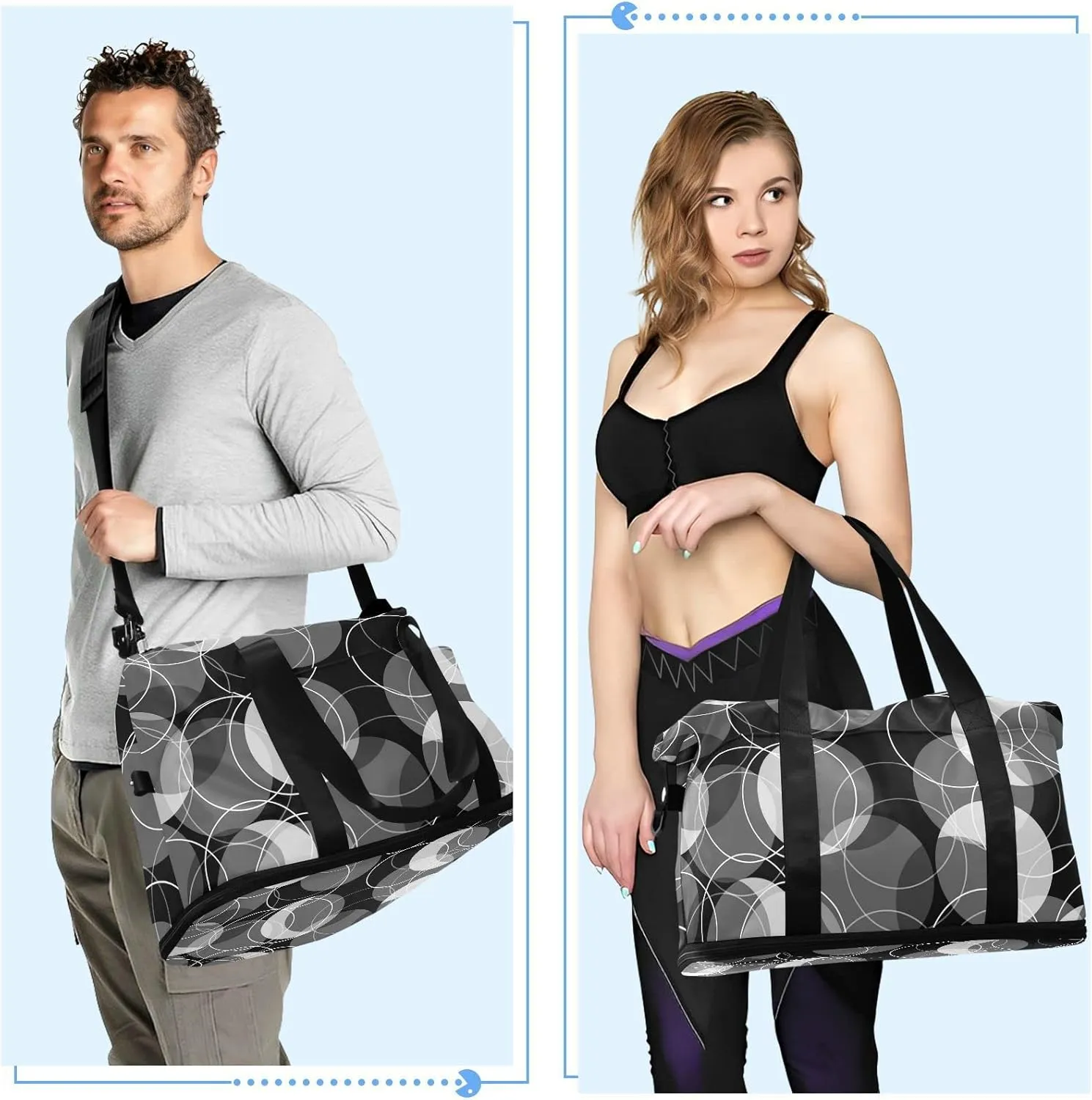 Retro Rings Black Grey White Circles Gym Duffel Bag, Polyester Travel Weekender Luggage Handbag with Waterproof Pocket for Wet Items, Unisex Foldable Tote for Sports