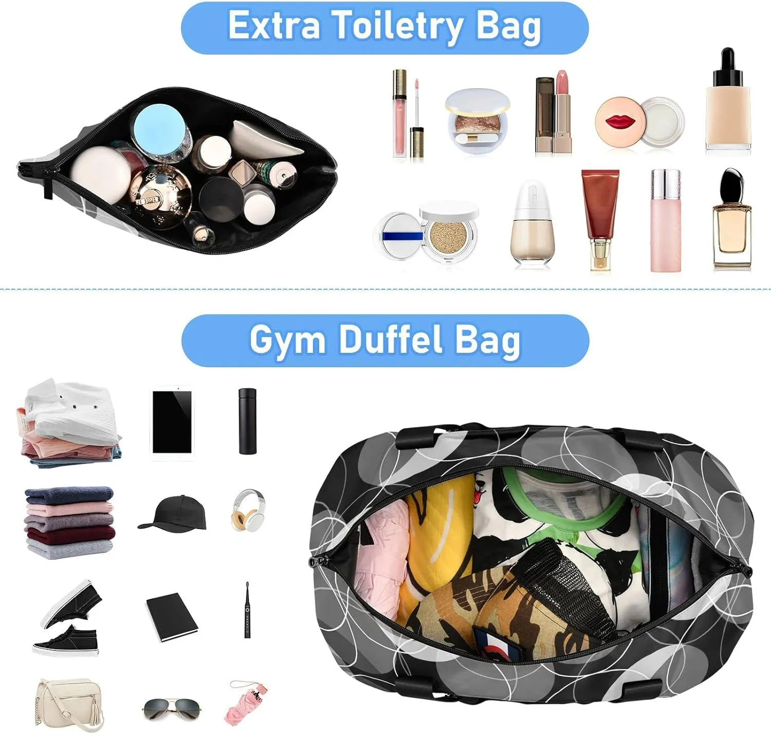Retro Rings Black Grey White Circles Gym Duffel Bag, Polyester Travel Weekender Luggage Handbag with Waterproof Pocket for Wet Items, Unisex Foldable Tote for Sports