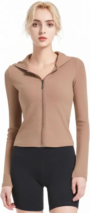 Ribbed Hoodies for Women Lightweight Full Zip Up Jackets Long Sleeves Tops Fitted Cropped Sweatshirt