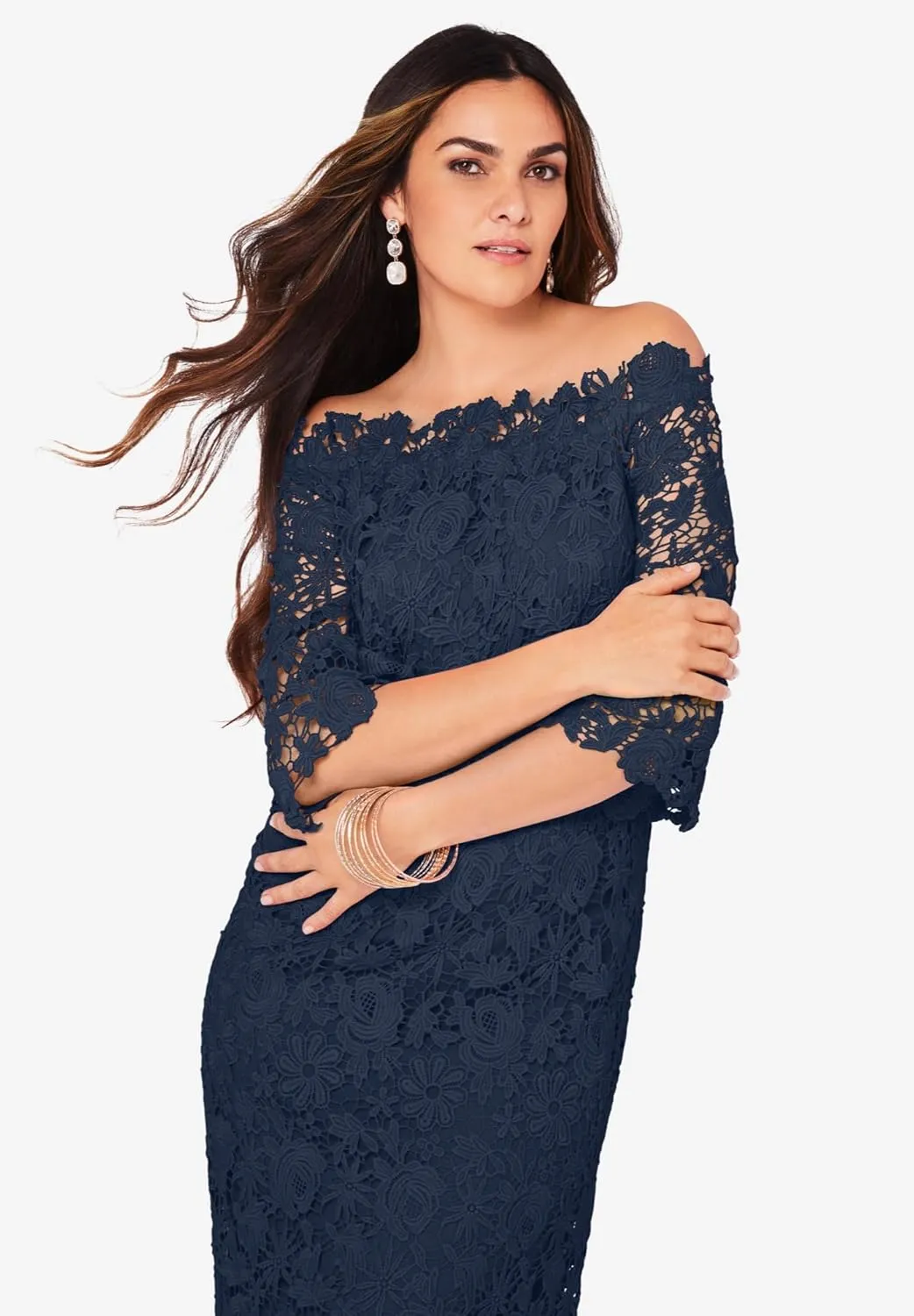 Roaman's Women's Plus Size Off The Shoulder Lace Dress