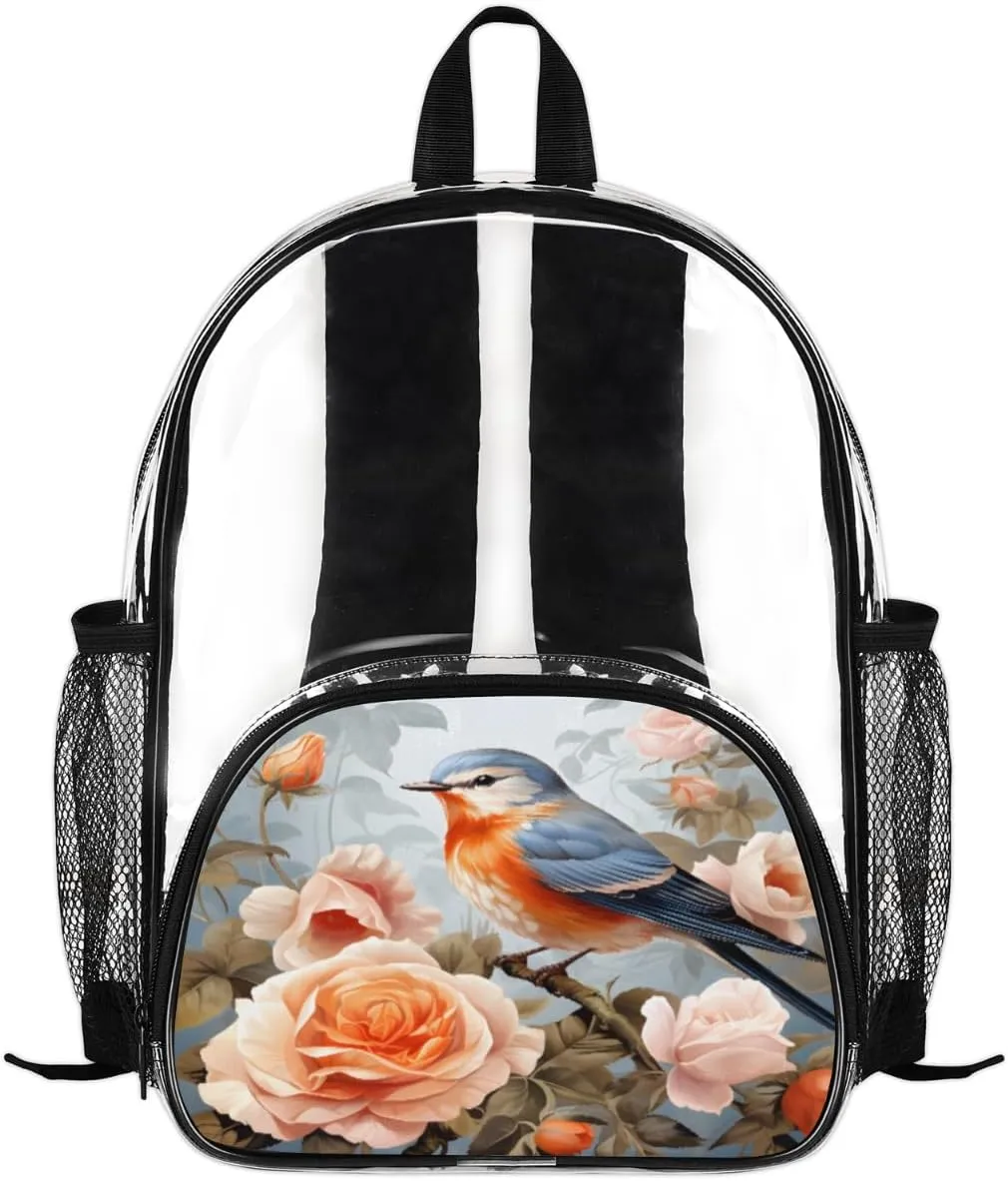 Robin Flower Clear Backpack 14" Small Clear Bag Waterproof PVC Mini Bookbags Robin Bird Women Transparent Mini Bag, Casual Daypack for Work, Travel, Beach