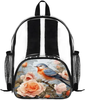 Robin Flower Clear Backpack 14" Small Clear Bag Waterproof PVC Mini Bookbags Robin Bird Women Transparent Mini Bag, Casual Daypack for Work, Travel, Beach