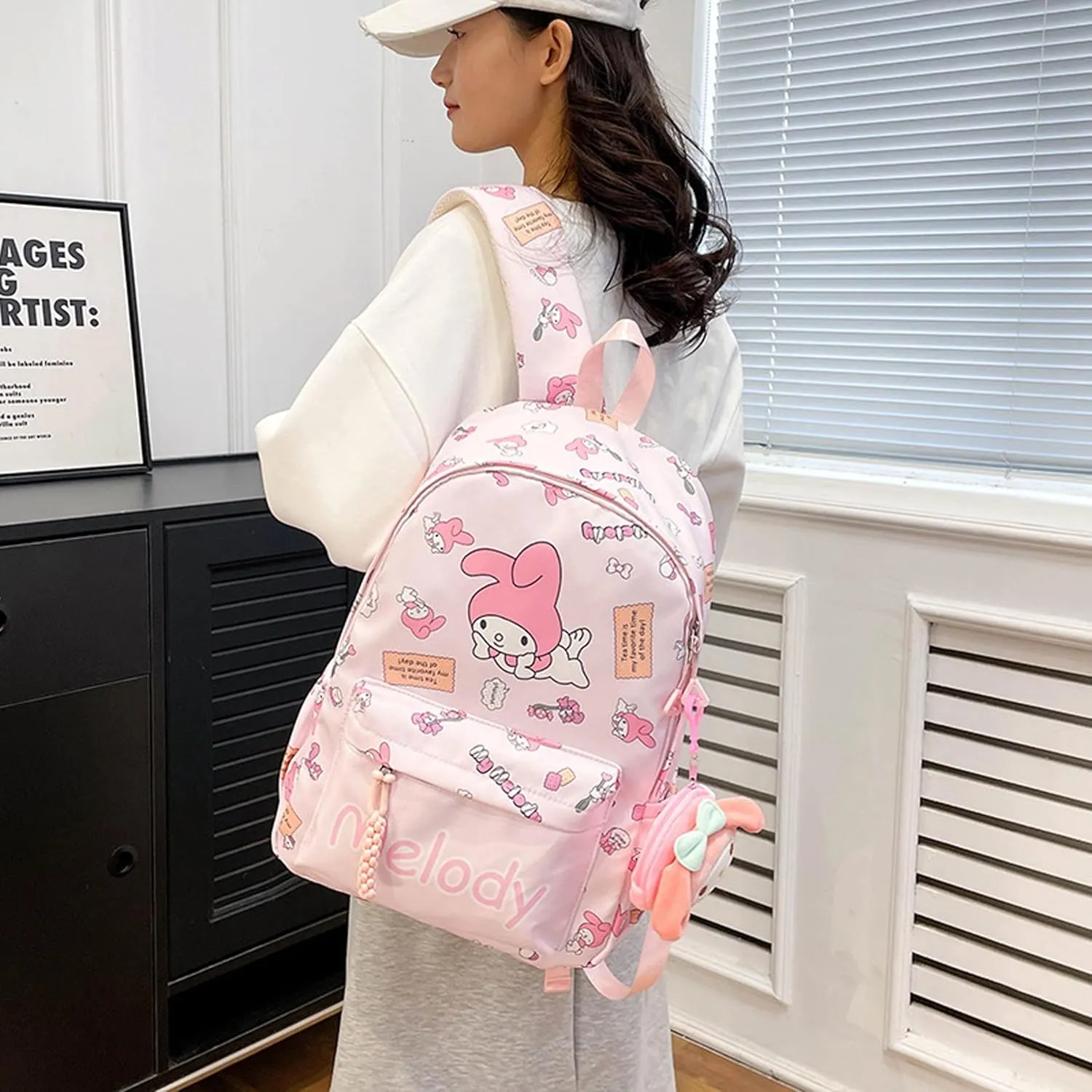 Roffatide Anime All Over Print Casual Backpack Laptop Backpack Travel Hiking Rucksack Zipper Backpack Pink