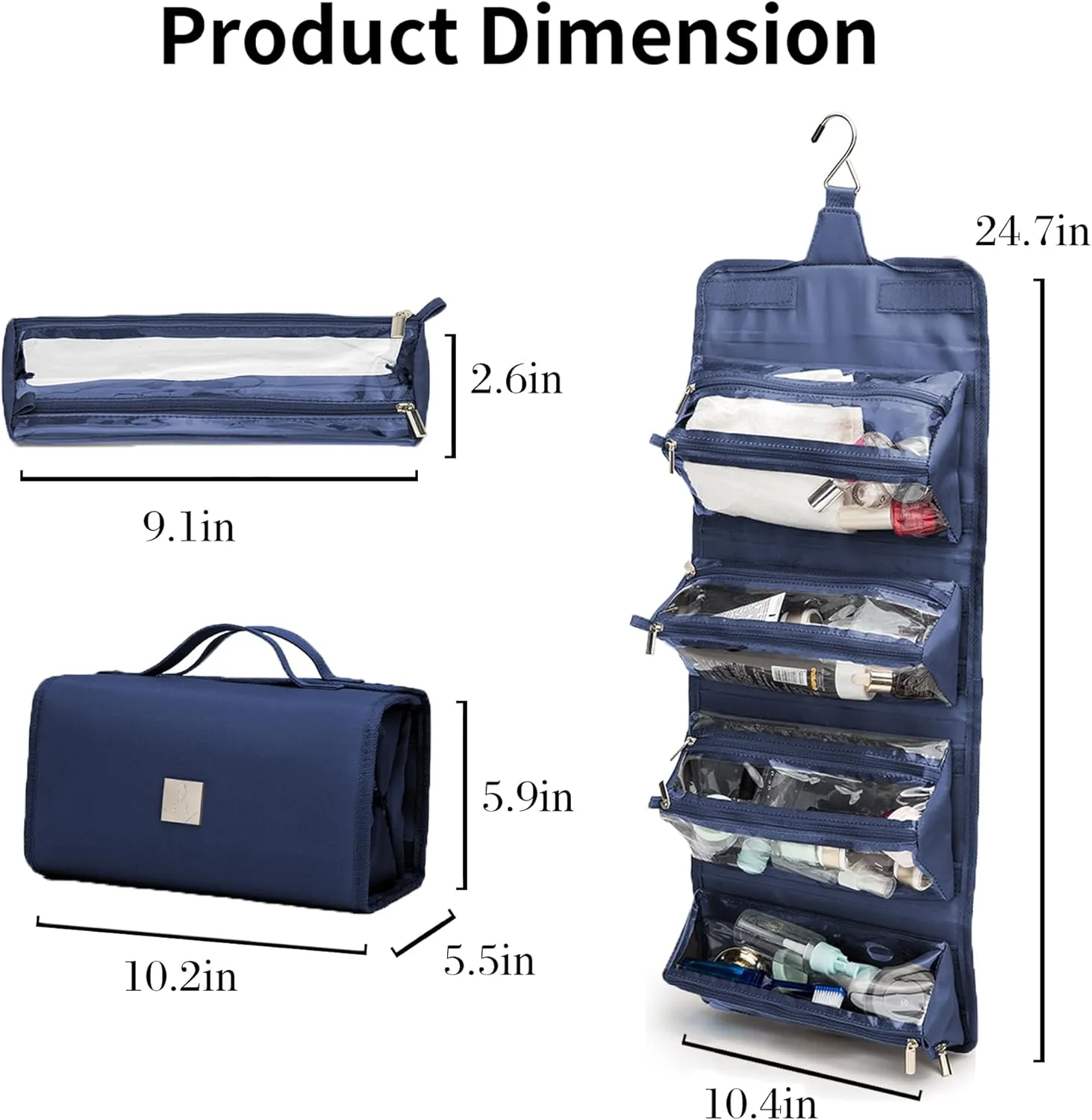 Roll Up Makeup Bag, Travel Toiletry Bag for Women with 4 Clear TSA Approved Pouches, Hanging Travel Organizer, Folding Cosmetic Bag for Men and Women
