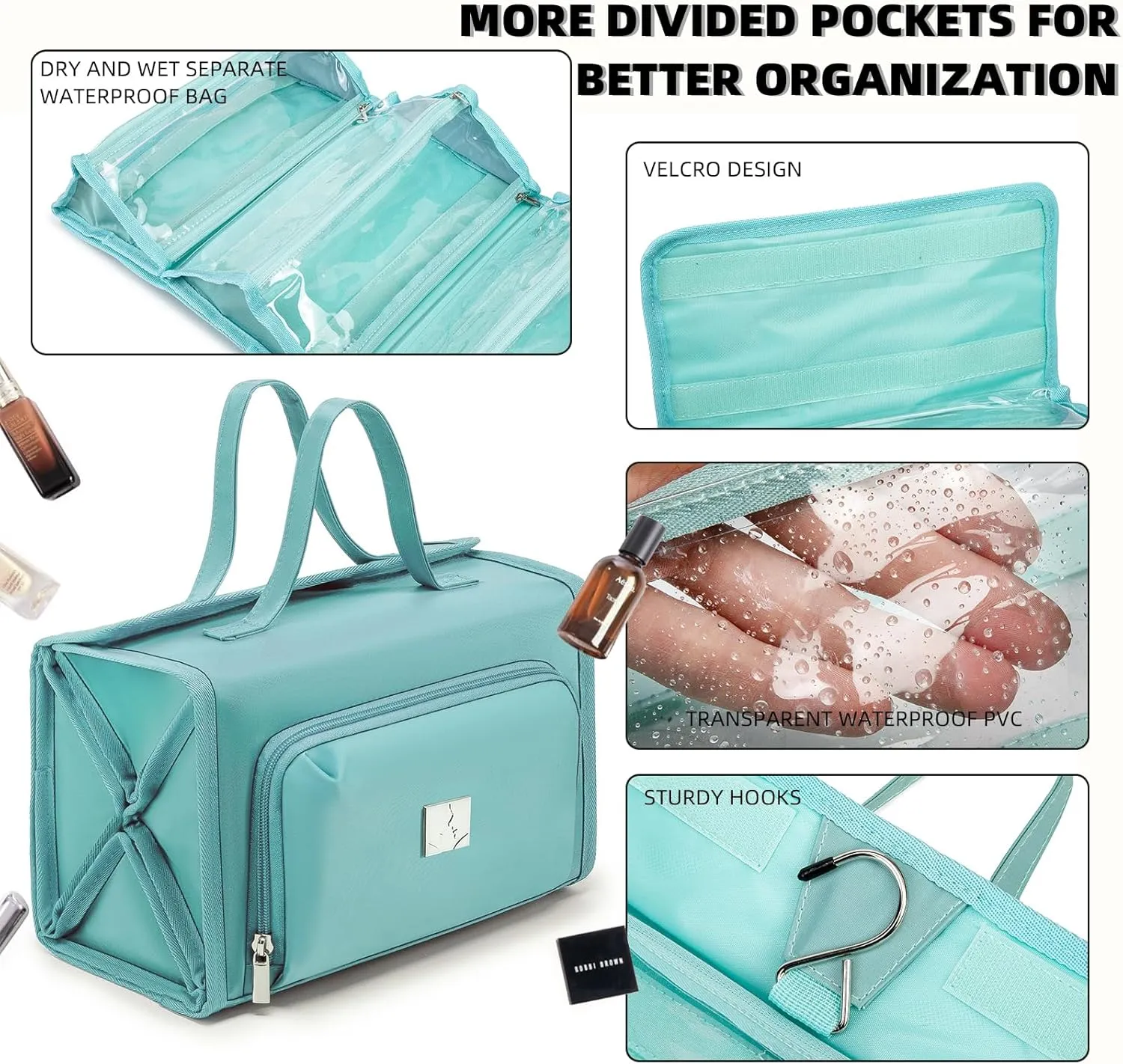 Roll Up Makeup Bag, Waterproof Toiletry Bag for Women, Hanging Travel Organizer with Jewelry Organizer Compartment, Extra Large 4 Clear TSA Approved (light blue)