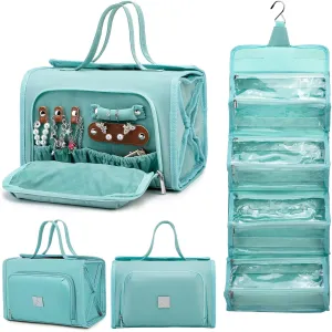 Roll Up Makeup Bag, Waterproof Toiletry Bag for Women, Hanging Travel Organizer with Jewelry Organizer Compartment, Extra Large 4 Clear TSA Approved (light blue)