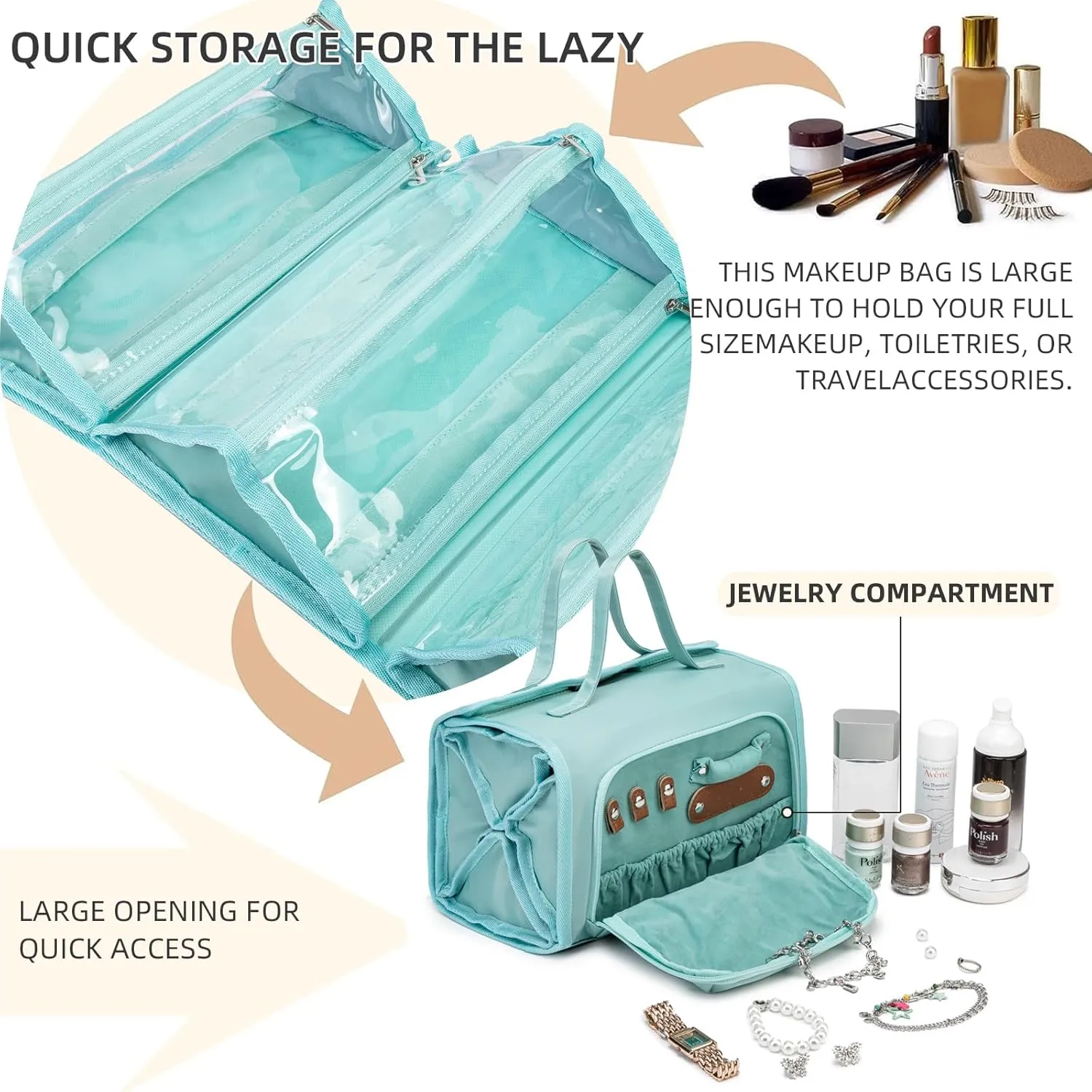 Roll Up Makeup Bag, Waterproof Toiletry Bag for Women, Hanging Travel Organizer with Jewelry Organizer Compartment, Extra Large 4 Clear TSA Approved (light blue)