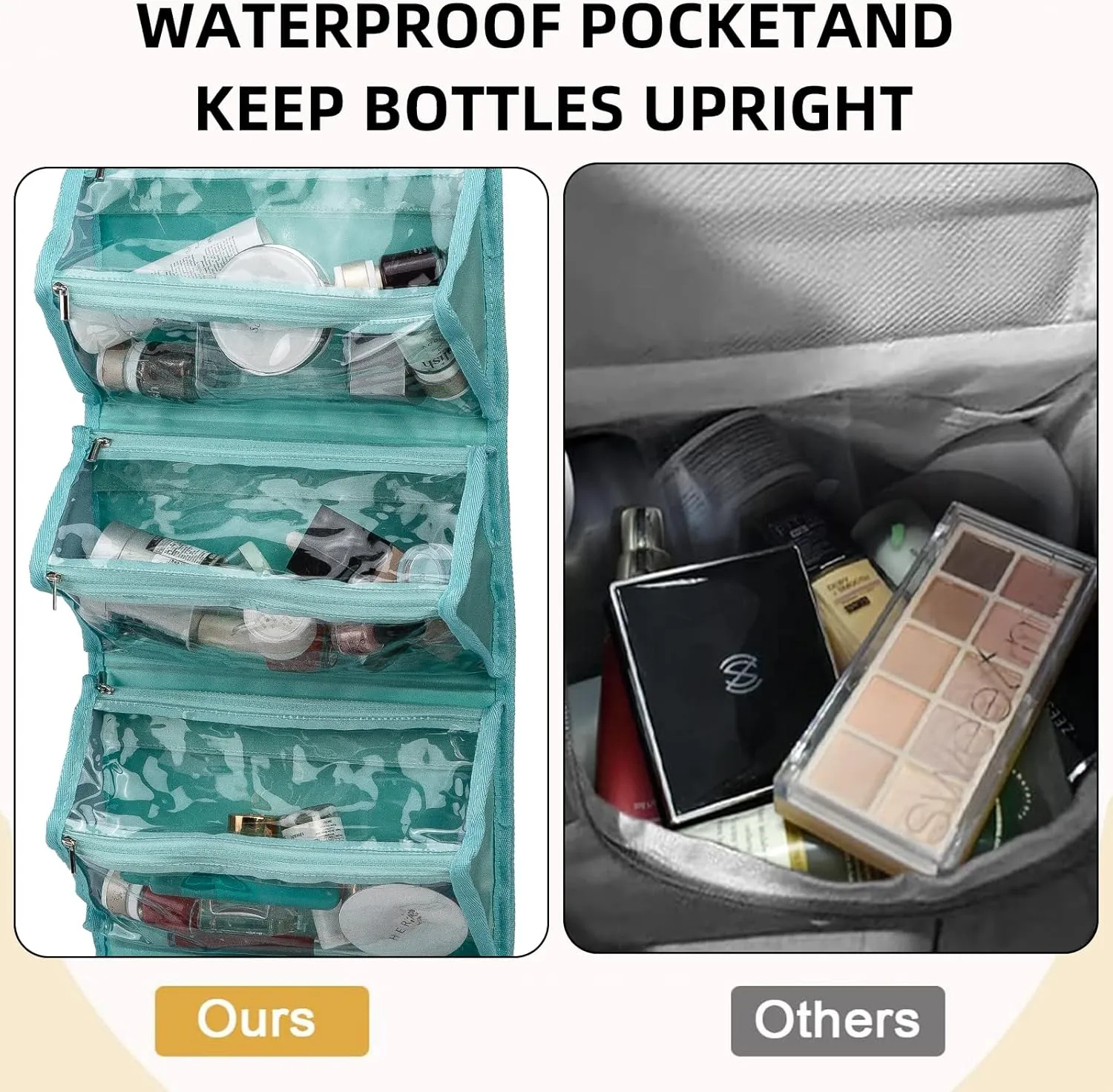 Roll Up Makeup Bag, Waterproof Toiletry Bag for Women, Hanging Travel Organizer with Jewelry Organizer Compartment, Extra Large 4 Clear TSA Approved (light blue)