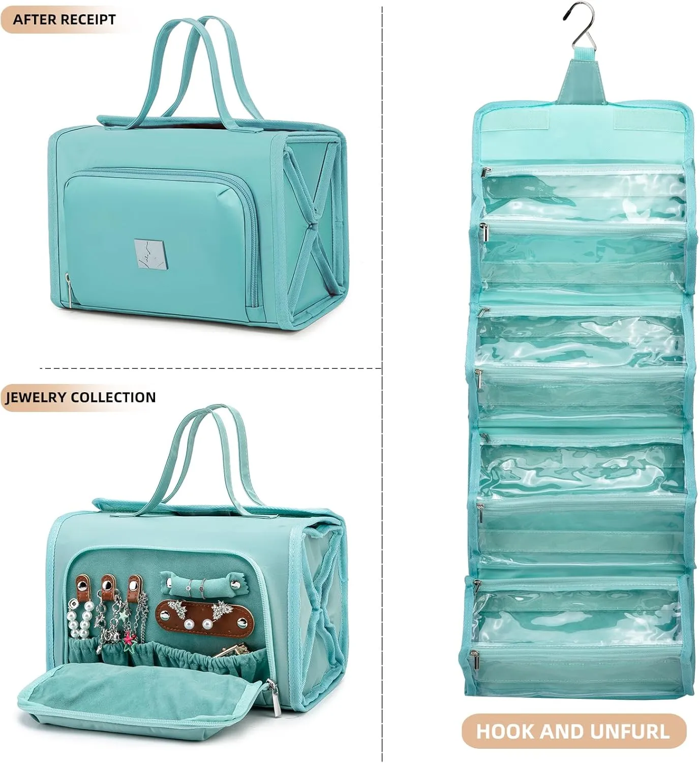 Roll Up Makeup Bag, Waterproof Toiletry Bag for Women, Hanging Travel Organizer with Jewelry Organizer Compartment, Extra Large 4 Clear TSA Approved (light blue)