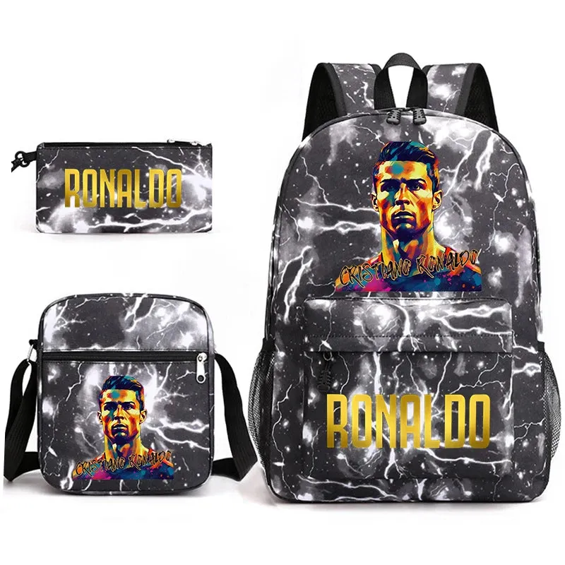 Ronaldo schoolbag 3-piece set student  youth backpack pencil case shoulder bag set