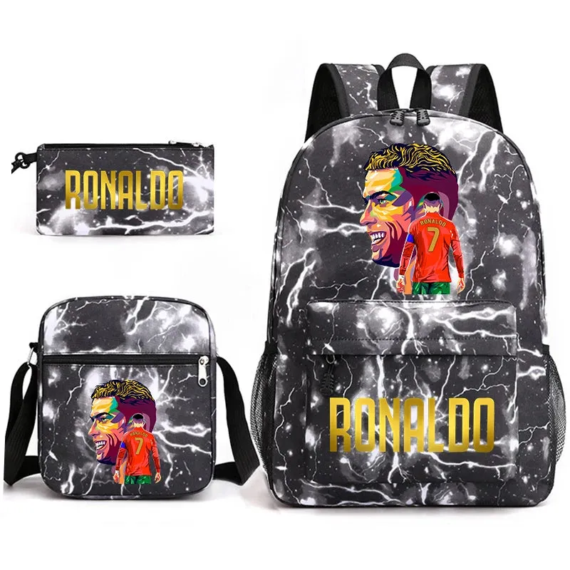 Ronaldo schoolbag 3-piece set student  youth backpack pencil case shoulder bag set