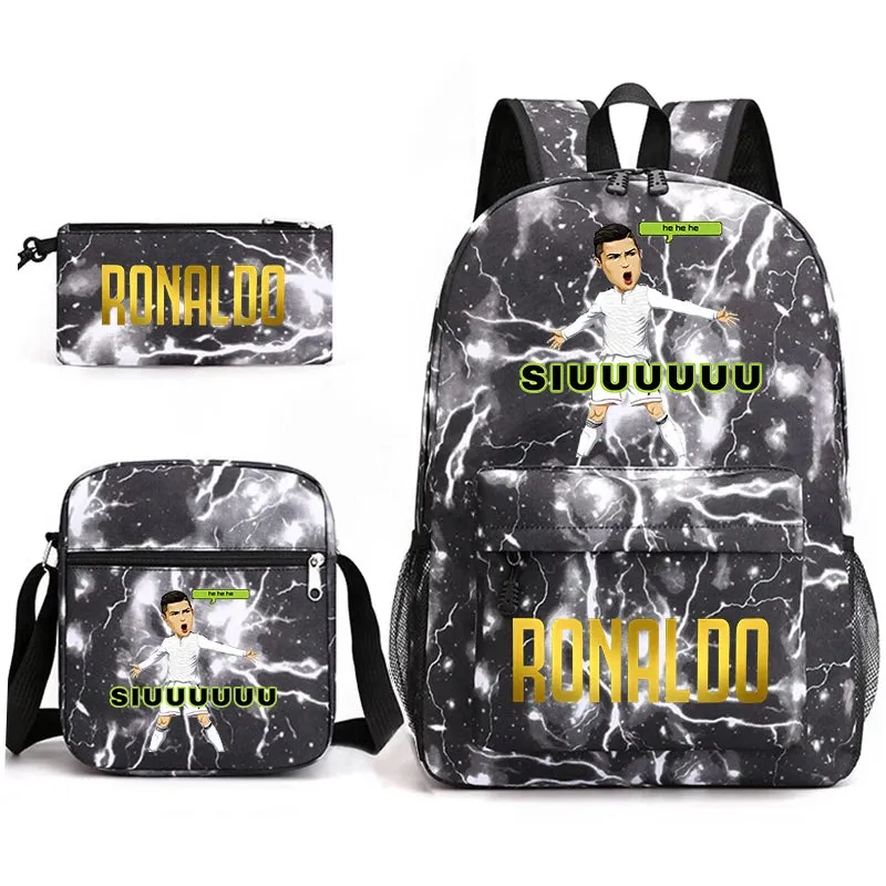 Ronaldo schoolbag 3-piece set student  youth backpack pencil case shoulder bag set