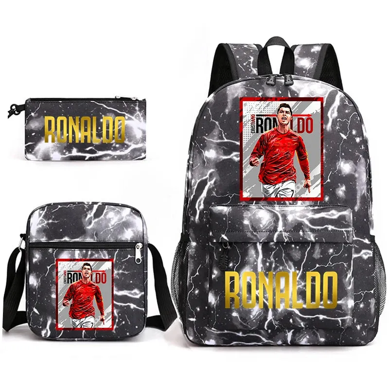 Ronaldo schoolbag 3-piece set student  youth backpack pencil case shoulder bag set