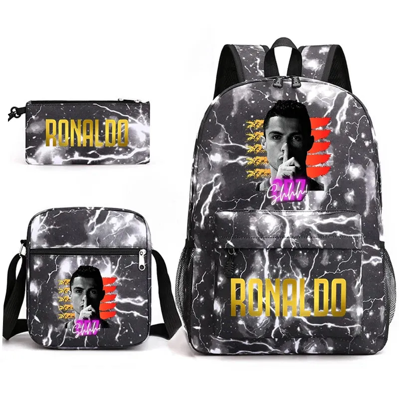 Ronaldo schoolbag 3-piece set student  youth backpack pencil case shoulder bag set