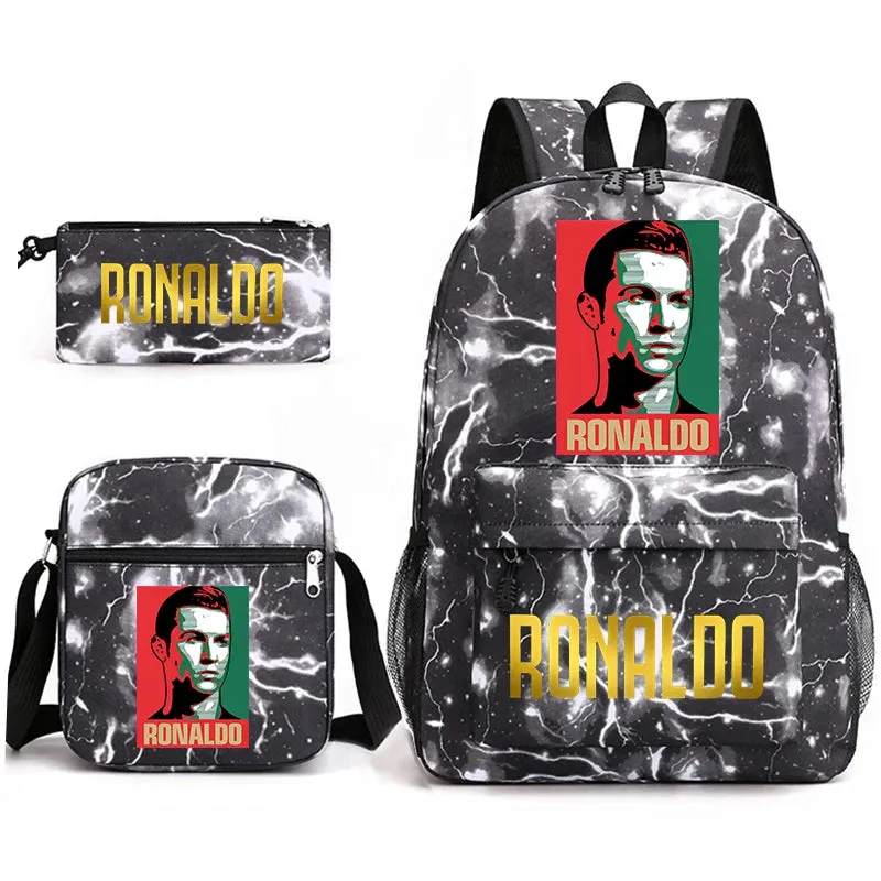 Ronaldo schoolbag 3-piece set student  youth backpack pencil case shoulder bag set