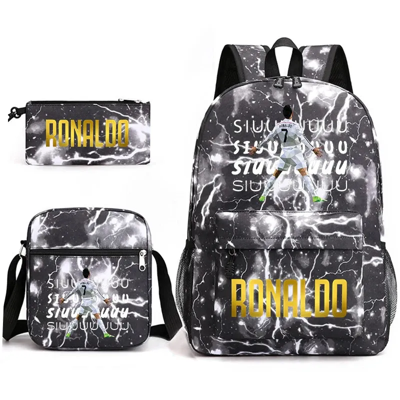Ronaldo schoolbag 3-piece set student  youth backpack pencil case shoulder bag set