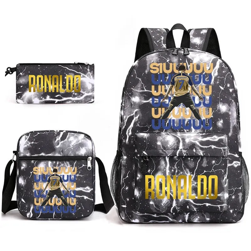 Ronaldo schoolbag 3-piece set student  youth backpack pencil case shoulder bag set